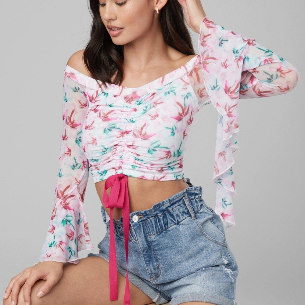 Bebe Olivia Ruffle Sleeves Top Blouse NWT